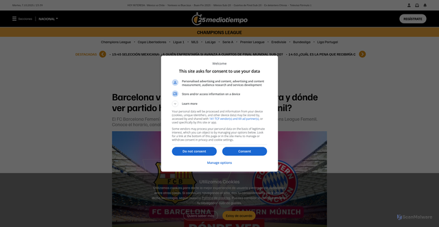 Security scan screenshot of https://www.mediotiempo.com/futbol/champions-league/barcelona-vs-bayern-a-que-hora-y-donde-ver-partido-hoy-champions-league-femenil