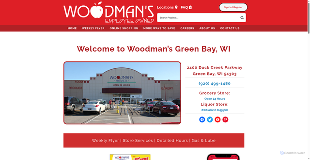 Security scan screenshot of https://www.woodmans-food.com/store-locations/green-bay/