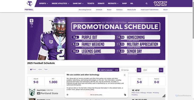 Security scan screenshot of https://tarletonsports.com/sports/football/schedule/2025