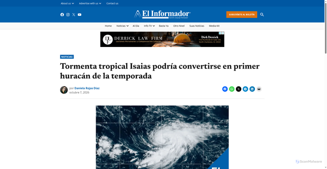 Security scan screenshot of https://www.elinformador.us/noticias/tormenta-tropical-isaias-podria-convertirse-en-primer-huracan-de-la-temporada/