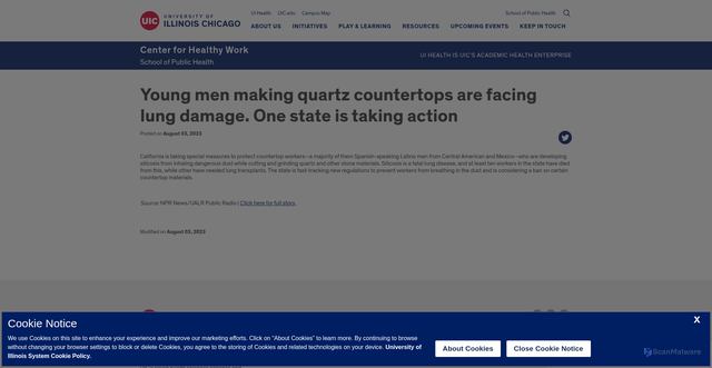 Security scan screenshot of https://healthywork.uic.edu/news-stories/young-men-making-quartz-countertops-are-facing-lung-damage-one-state-is-taking-action/