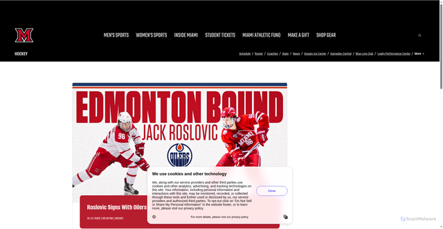 Security scan screenshot of https://miamiredhawks.com/news/2025/10/9/hockey-roslovic-signs-with-oilers