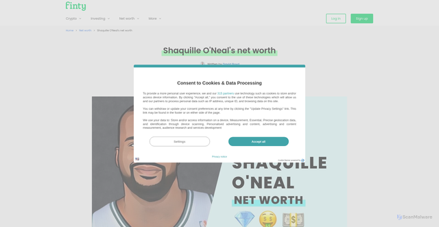 Security scan screenshot of https://finty.com/us/net-worth/shaquille-oneal/