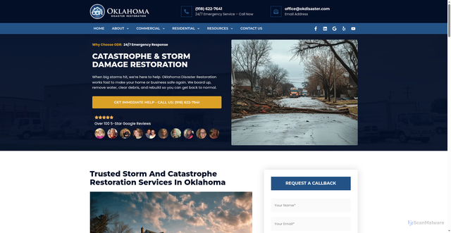 Security scan screenshot of https://okdisaster.com/residential/storm-damage-restoration/