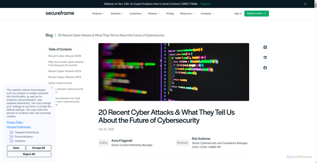 Security scan screenshot of https://secureframe.com/blog/recent-cyber-attacks