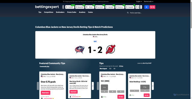 Security scan screenshot of https://www.bettingexpert.com/ice-hockey/columbus-blue-jackets-vs-new-jersey-devils