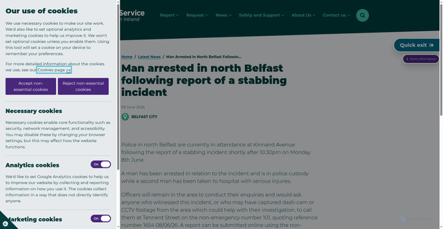 Security scan screenshot of https://www.psni.police.uk/latest-news/man-arrested-north-belfast-following-report-stabbing-incident