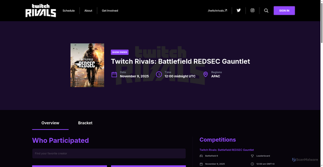Security scan screenshot of https://schedule.twitchrivals.com/events/twitch-rivals-battlefield-redsec-gauntlet-x5mxp