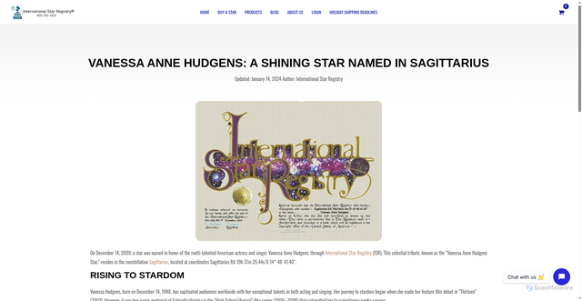 Security scan screenshot of https://www.starregistry.com/name-a-star/h/vanessa-anne-hudgens-blog/?srsltid=AfmBOoreznplgHkcY8gwSAZv2yNIQ7tk7k88ndJDqknLSE0Ao1XJyVrZ