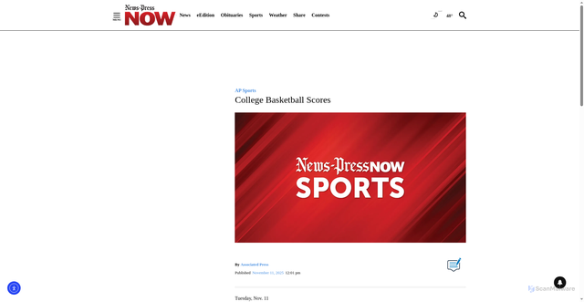 Security scan screenshot of https://www.newspressnow.com/ap/ap-sports/2025/11/11/college-basketball-scores-27/