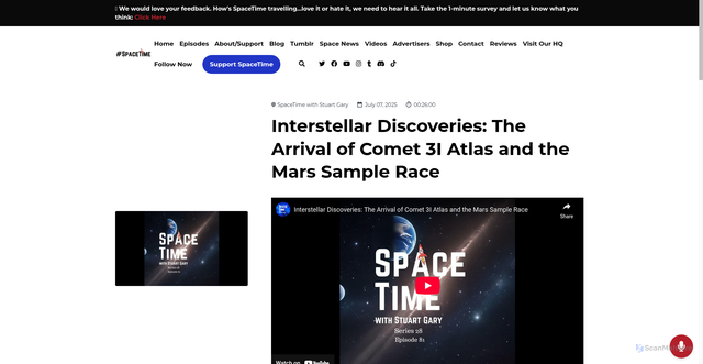 Security scan screenshot of https://spacetimewithstuartgary.com/video/interstellar-discoveries-the-arrival-of-comet-3i-atlas-and-the-mars-sample-race