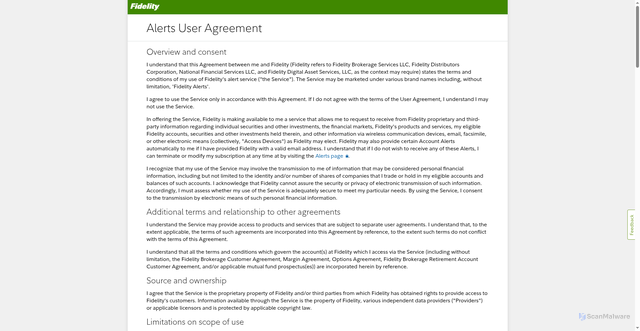 Security scan screenshot of https://www.fidelity.com/customer-service/alerts-agreement
