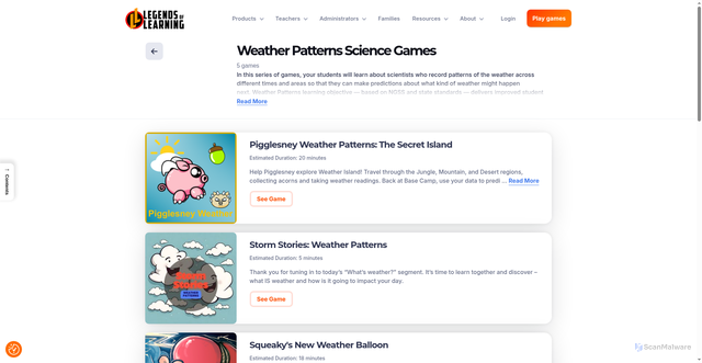 Security scan screenshot of https://www.legendsoflearning.com/learning-objectives/weather-patterns-science-games/