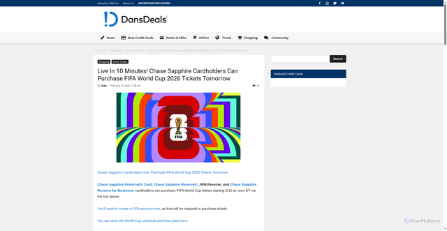 Security scan screenshot of https://www.dansdeals.com/shopping-deals/event-tickets/chase-sapphire-cardholders-can-purchase-fifa-world-cup-2026-tickets-tomorrow/