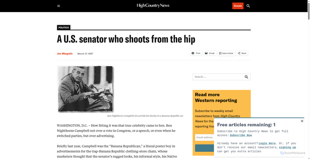 Security scan screenshot of https://www.hcn.org/issues/issue-107/a-u-s-senator-who-shoots-from-the-hip/
