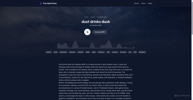 Security scan screenshot of https://freesafemusic.pages.dev/tracks/dust-drinks-dusk/