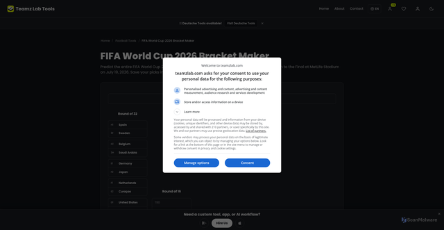 Security scan screenshot of https://tool.teamzlab.com/football/fifa-world-cup-2026-bracket-maker/