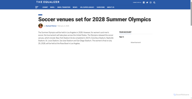Security scan screenshot of https://equalizersoccer.com/quick-update/soccer-venues-set-for-2028-summer-olympics/