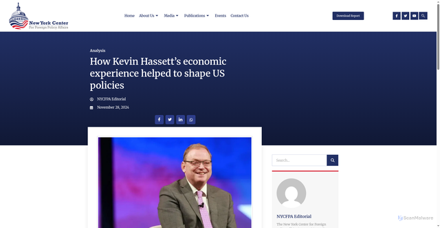 Security scan screenshot of https://nycfpa.org/11/28/how-kevin-hassetts-economic-experience-helped-to-shape-us-policies/