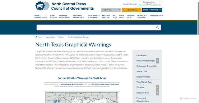 Security scan screenshot of https://www.nctcog.org/regional-data/weather/north-texas-graphical-warnings