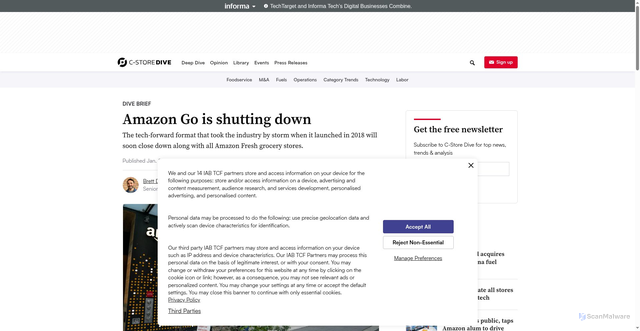 Security scan screenshot of https://www.cstoredive.com/news/amazon-go-is-shutting-down/810609/