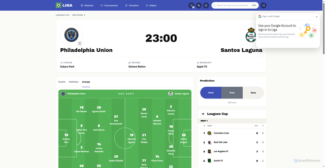Security scan screenshot of https://liga.app/en/partido/leagues-cup-LEAGUES_CUP/philadelphia-union-vs-santos-laguna-6244138