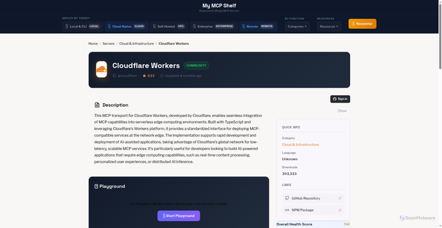 Security scan screenshot of https://mcp-website-directory.pages.dev/server/cloudflare-workers