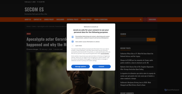 Security scan screenshot of https://secom.es/apocalypto-actor-gerardo-taracena-dies-at-55-what-happened-and-why-the-mexican-star-mattered/