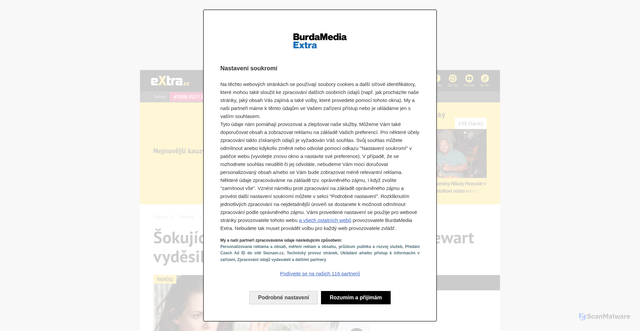 Security scan screenshot of https://www.extra.cz/sokujici-promena-belly-ze-stmivani-stewart-vydesila-vzhledem-pripomina-muze-06581
