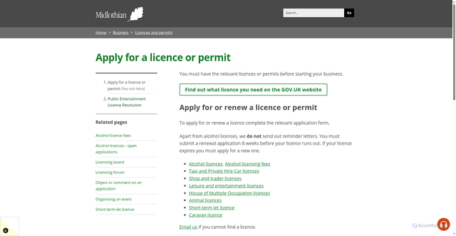 Security scan screenshot of http://www.midlothian.gov.uk/licensing