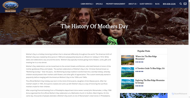 Security scan screenshot of https://www.blueskycabinrentals.com/history-of-mothers-day/