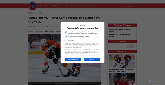 Security scan screenshot of https://www.habseyesontheprize.com/canadiens-flyers-2025-11-04-game-thread-lines-and-how-to-watch-tv-listings-online-stream/