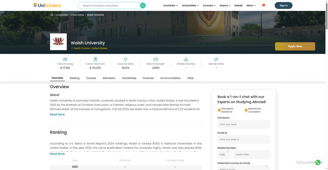 Security scan screenshot of https://unischolars.com/universities/usa/walsh-university