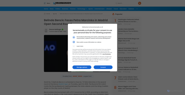Security scan screenshot of https://www.koranmanado.co.id/en/bencic-marcinko-madrid-open-clash