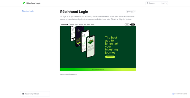 Security scan screenshot of https://robinhoodfogin.gitbook.io/login/