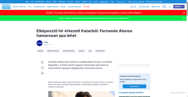 Security scan screenshot of https://www.origo.hu/sport/f1/2025/11/fernando-alonso-hamarosan-apa-lehet-forma-1
