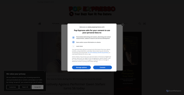 Security scan screenshot of https://www.popexpresso.com/2025/10/03/positively-ageless-performer-gwen-stefani-turns-56-today/