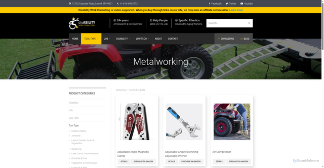 Security scan screenshot of https://disabilityworkconsulting.com/product-category/shop-by-tool-type/shops-tools-buildings/metalworking/