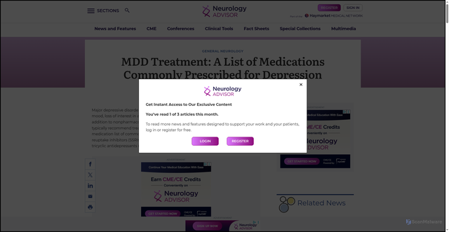 Security scan screenshot of https://www.neurologyadvisor.com/factsheets/depression-medication-list/
