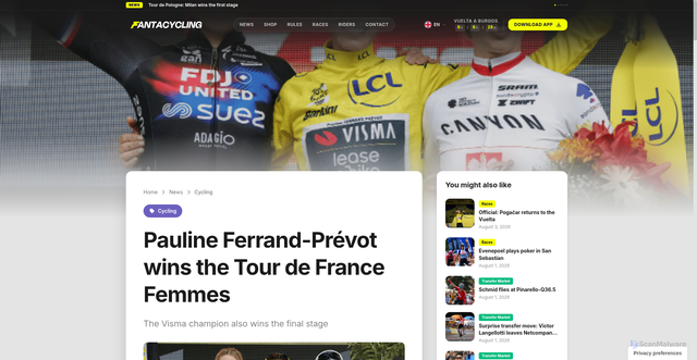 Security scan screenshot of https://fanta-cycling.com/news/pauline-ferrand-prevot-vince-il-tour-de-france-femmes