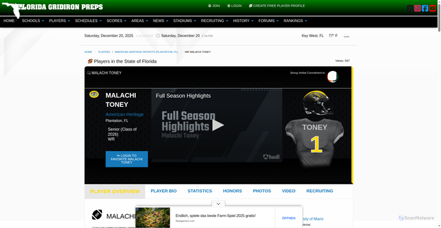Security scan screenshot of https://www.floridagridironpreps.com/player/3990/Malachi-Toney