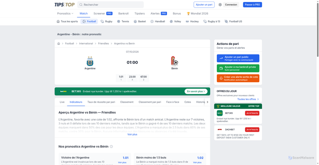 Security scan screenshot of https://tipstop.co/fr/match/football/6266053/argentina-vs-benin