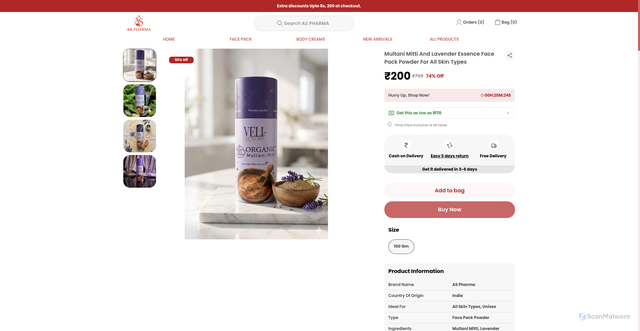 Security scan screenshot of https://aspharma.online/Multani-Mitti-And-Lavender-Essence-Face-Pack-Powder-For-All/catalogue/lDSQkyhX/KUsAXrcH