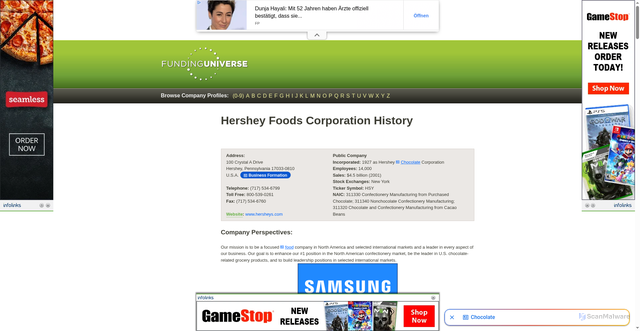 Security scan screenshot of https://www.fundinguniverse.com/company-histories/hershey-foods-corporation-history/