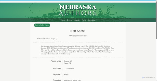 Security scan screenshot of https://nebraskaauthors.org/authors/ben-sasse