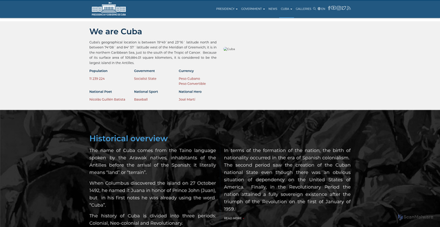 Security scan screenshot of https://www.presidencia.gob.cu/en/cuba/