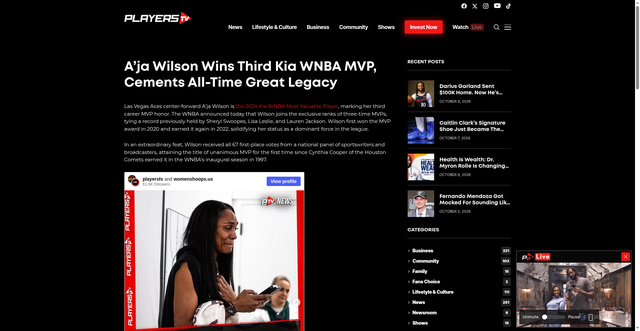 Security scan screenshot of https://playerstv.com/aja-wilson-wins-third-kia-wnba-mvp-cements-all-time-great-legacy/