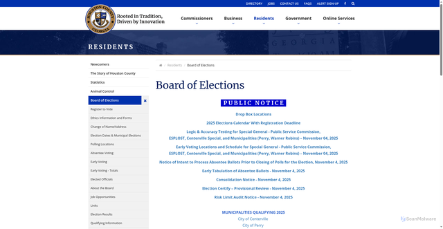 Security scan screenshot of https://www.houstoncountyga.gov/residents/board-of-elections.cms