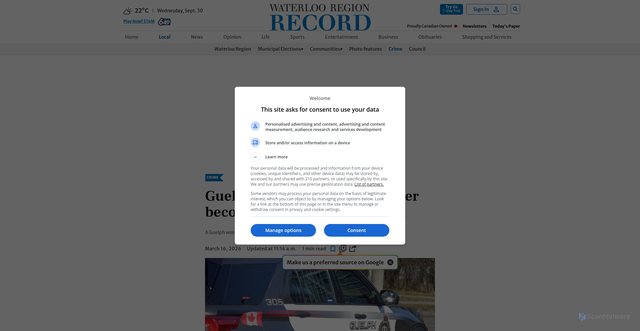 Security scan screenshot of https://www.therecord.com/news/crime/bank-scam-guelph/article_58b3ad21-4442-5447-97e2-d7d26a15f44b.html