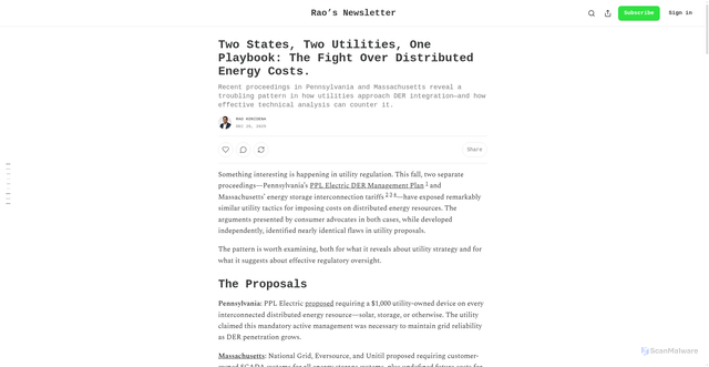 Security scan screenshot of https://raokonidena.substack.com/p/two-states-two-utilities-one-playbook